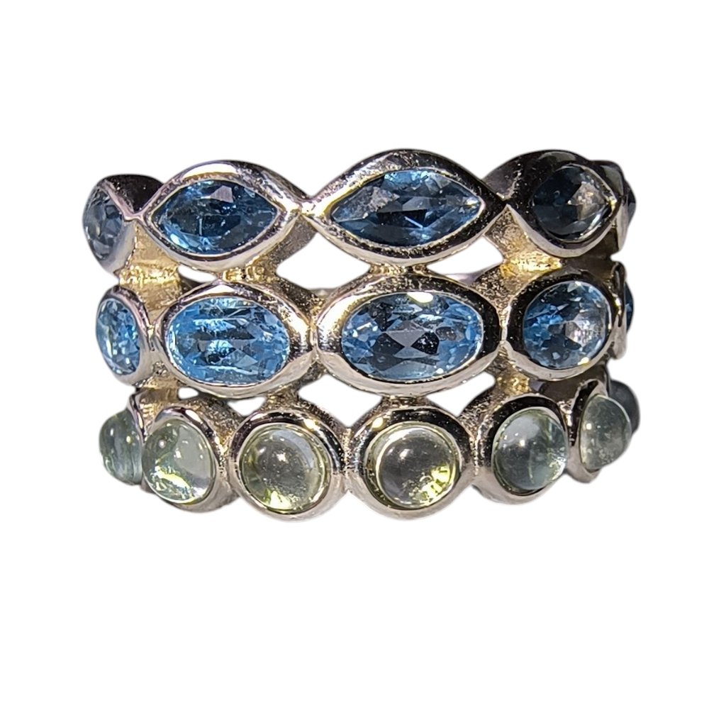 Three Row Mixed Blue Topaz Ring In Sterling Silver - Picture 2 of 11
